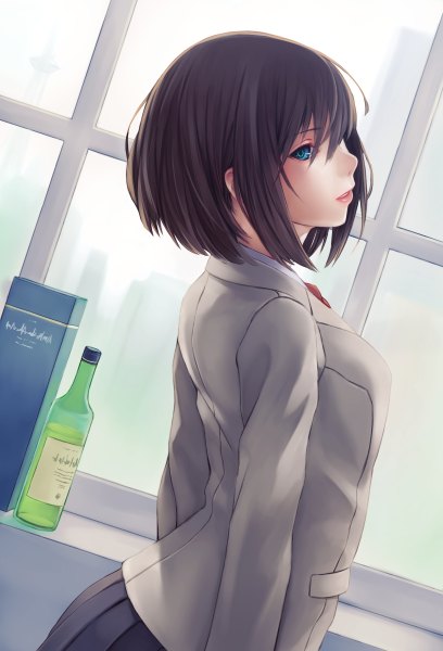 Anime picture 816x1200 with original kanden single tall image looking at viewer short hair blue eyes brown hair indoors pleated skirt looking back light smile girl skirt uniform school uniform window bottle
