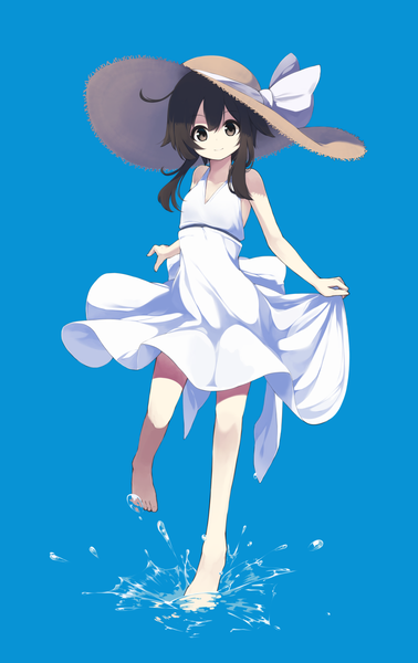 Anime picture 970x1539 with original natsuki teru single tall image looking at viewer fringe short hair simple background hair between eyes brown hair standing bare shoulders brown eyes payot full body barefoot light smile bare legs standing on one leg spread arms