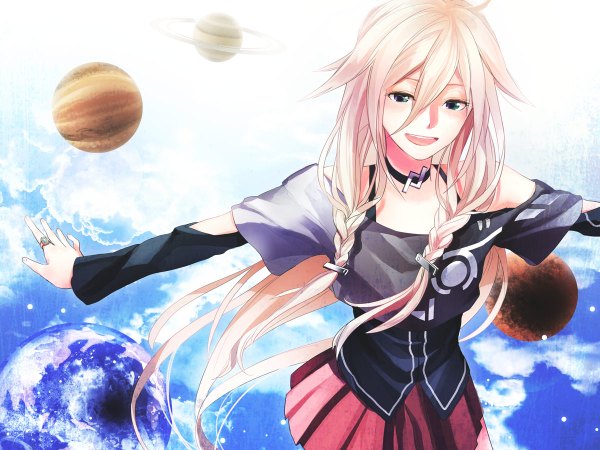 Anime picture 1200x900 with vocaloid ia (vocaloid) single open mouth sky cloud (clouds) braid (braids) very long hair aqua eyes off shoulder twin braids happy girl skirt star (stars) ring planet pink skirt