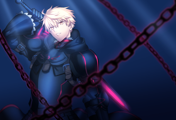 Anime picture 3000x2048 with fate (series) fate/grand order fate/prototype artoria pendragon (all) saber alter arthur pendragon (fate) seseragi azuma single looking at viewer highres short hair blonde hair yellow eyes upper body genderswap weapon over shoulder dark persona boy weapon sword