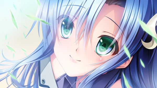 Anime picture 1280x720 with racial merge senomoto hisashi single long hair looking at viewer smile wide image green eyes blue hair game cg happy face girl leaf (leaves)