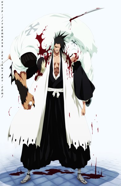 Anime picture 3000x4590 with bleach studio pierrot zaraki kenpachi themnaxs long hair tall image highres short hair black hair blonde hair smile japanese clothes multicolored hair two-tone hair coloring bald boy weapon sword belt