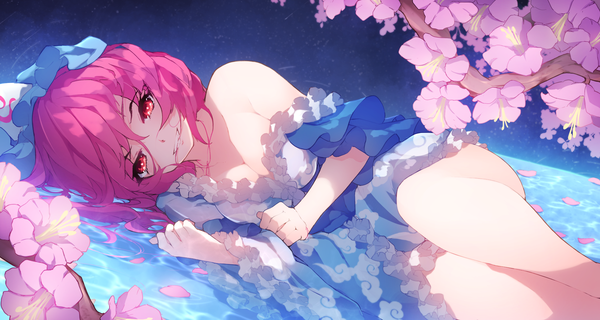 Anime picture 1936x1033 with touhou saigyouji yuyuko chiroru (cheese-roll) single looking at viewer highres short hair breasts light erotic red eyes wide image pink hair lying partially submerged cherry blossoms on side hair in mouth girl flower (flowers) hat