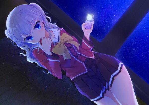 Anime picture 1274x900 with charlotte p.a. works tomori nao hym9594 single long hair looking at viewer blush fringe blue eyes holding silver hair lying pleated skirt night two side up night sky skirt uniform bow