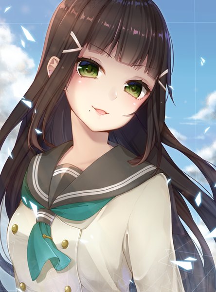 Anime picture 600x810 with love live! sunshine!! sunrise (studio) love live! kurosawa dia ripu (sherypton) single long hair tall image looking at viewer blush fringe open mouth smile brown hair standing green eyes cloud (clouds) upper body outdoors blunt bangs