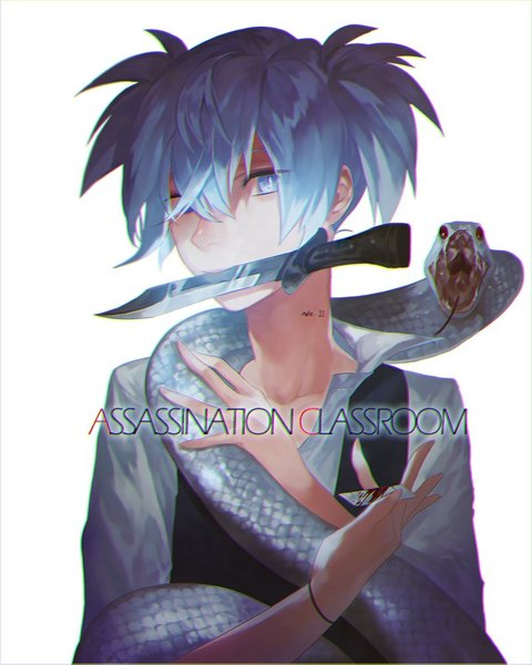 Anime picture 800x1000 with ansatsu kyoushitsu shiota nagisa nexon/rexa single tall image looking at viewer blue eyes simple background white background twintails holding blue hair inscription copyright name mouth hold short twintails boy uniform school uniform animal