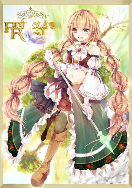 Anime picture 1240x1753 with princess royale shain roki single long hair tall image looking at viewer open mouth blonde hair smile bare shoulders zettai ryouiki heterochromia girl thighhighs navel plant (plants) tree (trees) white gloves rose (roses) knee boots