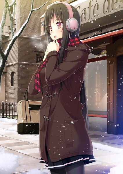 Anime picture 707x1000 with original ihara asta single long hair tall image blush open mouth black hair brown eyes snowing winter exhalation bare tree girl plant (plants) tree (trees) headphones scarf bag coat