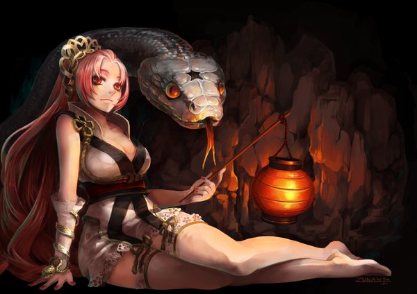 Anime picture 3508x2480 with original zunaki single long hair looking at viewer highres red eyes pink hair absurdres legs girl thighhighs hair ornament detached sleeves white thighhighs lantern snake