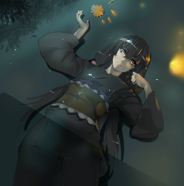 Anime picture 2003x2024 with csai (sain) single long hair tall image looking at viewer fringe highres black hair lying traditional clothes japanese clothes light smile grey eyes fang (fangs) girl flower (flowers) kimono teardrop