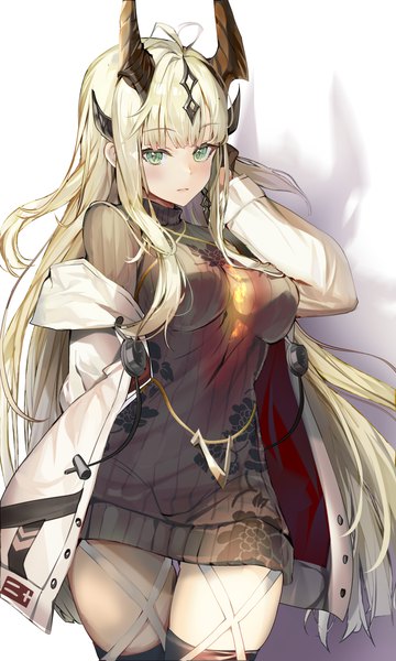 Anime picture 3000x5000 with arknights reed (arknights) a (sofi3103) single long hair tall image looking at viewer blush fringe highres light erotic simple background blonde hair white background green eyes ahoge blunt bangs horn (horns) shadow girl