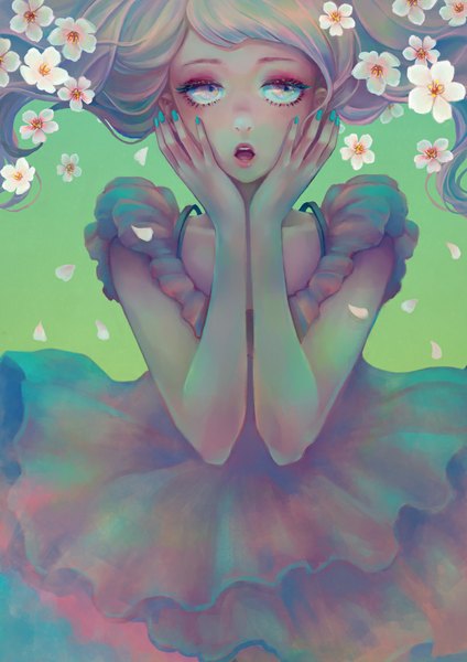 Anime picture 800x1131 with original zihling single long hair tall image open mouth blonde hair looking away nail polish grey eyes sleeveless green background hands on face girl dress flower (flowers) petals