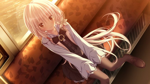 Anime picture 1280x720 with chrono clock kuro (chrono clock) koku single long hair looking at viewer blush red eyes wide image sitting game cg white hair hair flower girl dress hair ornament flower (flowers)