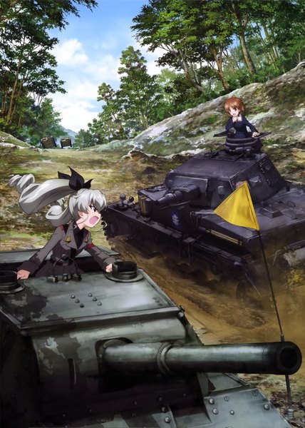 Anime picture 2898x4065 with girls und panzer nishizumi miho anchovy (girls und panzer) long hair tall image highres short hair open mouth brown hair twintails multiple girls brown eyes grey hair scan official art drill hair girl uniform weapon 2 girls
