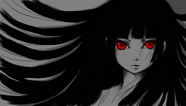Anime picture 900x516 with hell girl studio deen enma ai poptartmonster single long hair looking at viewer fringe simple background red eyes wide image bare shoulders parted lips wind lips grey background monochrome portrait topless girl