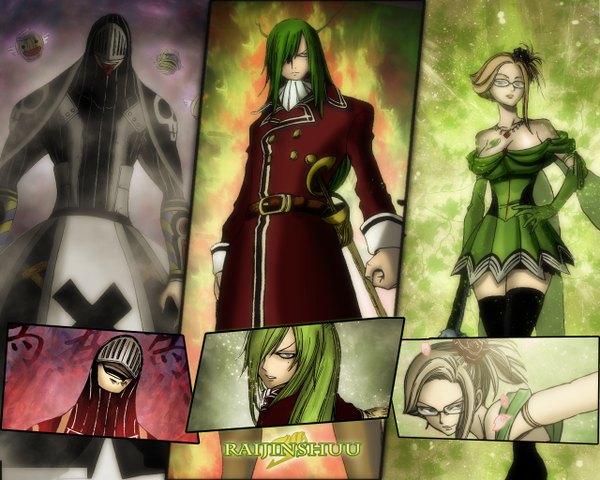 Anime picture 1280x1024 with fairy tail evergreen freed justine bickslow gray fullbuster (artist) long hair fringe blonde hair bare shoulders green eyes green hair hair over one eye inscription tattoo coloring magic multiview girl dress boy