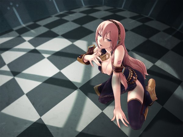 Anime picture 1200x900 with vocaloid megurine luka shinichi tahara single breasts light erotic pink hair cleavage checkered background girl thighhighs headphones