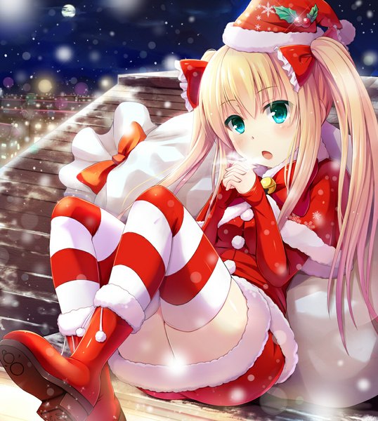 Anime picture 1000x1116 with original noe noel single long hair tall image blush open mouth blue eyes blonde hair twintails from below fur trim snowing christmas winter exhalation girl bow hair bow hat