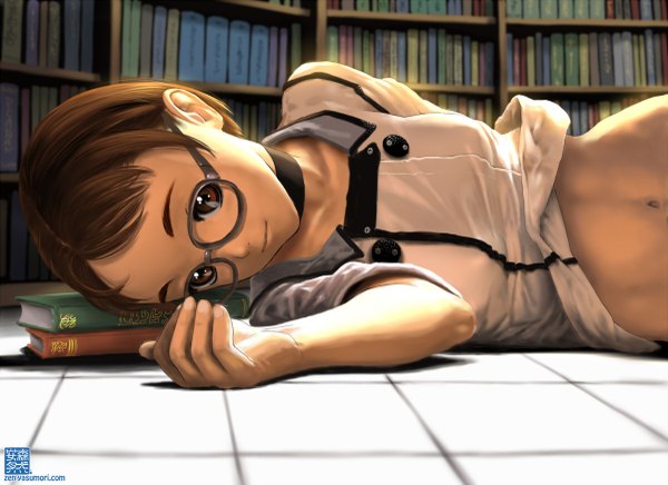Anime picture 1200x873 with original yasumori zen single short hair brown hair brown eyes indoors lying light smile girl glasses book (books) library