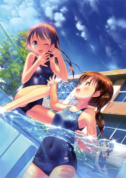 Anime picture 2487x3500 with original takoyaki (roast) long hair tall image blush highres open mouth blue eyes light erotic brown hair multiple girls brown eyes sky cloud (clouds) one eye closed scan official art girl 2 girls swimsuit