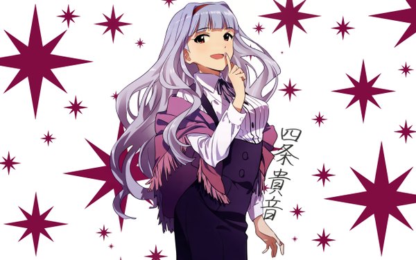 Anime picture 2560x1600 with idolmaster shijou takane long hair highres open mouth red eyes wide image silver hair hieroglyph finger to mouth girl hairband star (stars)
