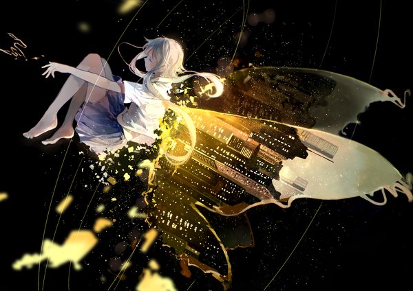 Anime picture 2121x1500 with vocaloid vocaloid china luo tianyi bou shaku single long hair blush highres eyes closed barefoot grey hair bare legs city surreal double exposure girl skirt miniskirt wings