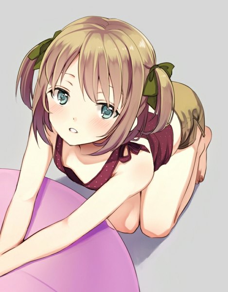 Anime picture 672x860 with original takeuchi aya single tall image looking at viewer blush fringe short hair blonde hair sitting twintails parted lips barefoot fingernails from above grey background bare legs shadow short twintails girl