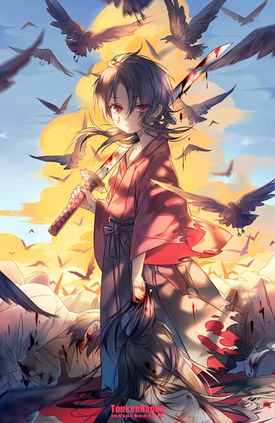 Anime picture 979x1500 with touken ranbu nitroplus kashuu kiyomitsu instockee single long hair tall image looking at viewer red eyes brown hair holding sky nail polish fingernails wide sleeves torn clothes alternate age bloody weapon weapon over shoulder boy