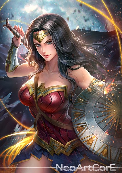 Anime picture 700x990 with dc comics wonder woman nudtawut thongmai single long hair tall image looking at viewer breasts black hair smile large breasts bare shoulders green eyes signed parted lips arm up lips realistic inscription thighs