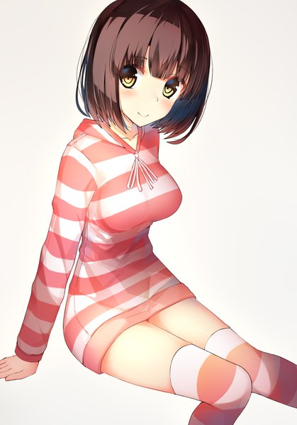 Anime picture 1228x1760 with saenai heroine no sodatekata a-1 pictures katou megumi gin00 single tall image blush fringe short hair simple background smile brown hair white background sitting yellow eyes looking away bent knee (knees) blunt bangs arm support zettai ryouiki