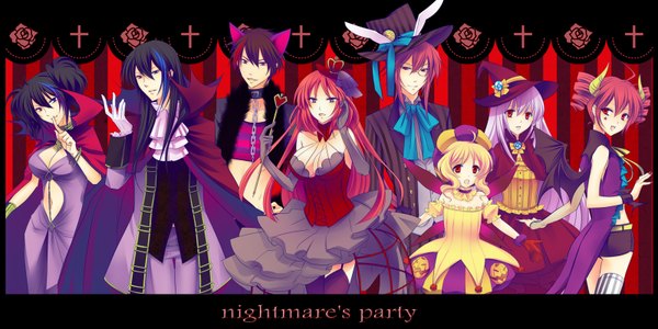 Anime picture 1600x800 with utau tagme (character) kasane teto namine ritsu yokune ruko sukone tei kasane tedo rook (utau) long hair short hair blue eyes black hair blonde hair smile red eyes wide image multiple girls animal ears red hair horn (horns)