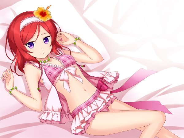 Anime picture 1200x900 with love live! school idol project sunrise (studio) love live! nishikino maki tucana single looking at viewer short hair light erotic smile purple eyes red hair hair flower girl navel hair ornament flower (flowers) bracelet hairband