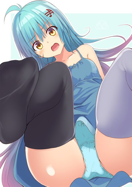 Anime picture 1000x1415 with original planol note mahcdai single long hair tall image looking at viewer blush fringe open mouth light erotic simple background sitting yellow eyes purple hair ahoge ass head tilt multicolored hair aqua hair