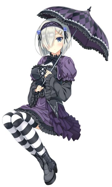 Anime picture 1468x2436 with kantai collection hamakaze destroyer moeki yuuta single tall image looking at viewer blush fringe short hair simple background white background sitting silver hair hair over one eye alternate costume lolita fashion goth-loli jpeg artifacts girl thighhighs