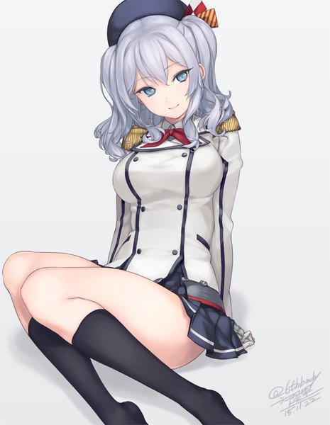 Anime picture 697x900 with kantai collection kashima training cruiser rokuwata tomoe single long hair tall image looking at viewer fringe light erotic sitting twintails signed light smile grey hair grey eyes no shoes dated girl uniform socks