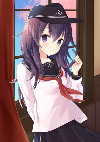 Anime picture 672x950 with kantai collection akatsuki destroyer purin jiisan single long hair tall image blush fringe hair between eyes purple eyes payot looking away sky purple hair ahoge indoors long sleeves head tilt pleated skirt embarrassed