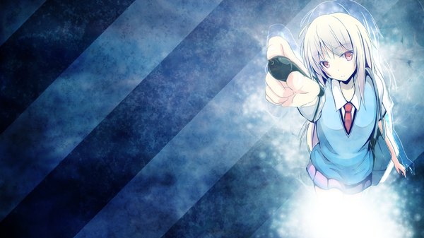 Anime picture 1920x1080 with sakura-sou no pet na kanojo j.c. staff shiina mashiro taigalife single long hair looking at viewer fringe highres blonde hair wide image holding pleated skirt pink eyes light smile wallpaper outstretched hand striped background girl skirt