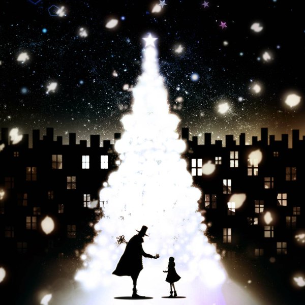 Anime picture 1234x1235 with original harada miyuki tall image sky night silhouette girl boy gloves boots star (symbol) star (stars) coat gift beard top hat christmas tree