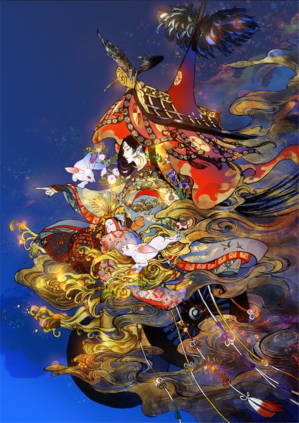 Anime picture 1489x2105 with original micho (golduhr) single tall image black hair traditional clothes japanese clothes profile arm up pointy ears floral print pale skin flower (flowers) animal kimono bird (birds) bunny morning glory chariot
