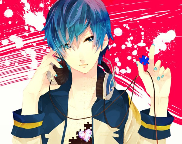 Anime picture 1000x793 with vocaloid kaito (vocaloid) kyama single short hair open mouth blue eyes blue hair nail polish open clothes boy heart headphones wire (wires) hands puzzle