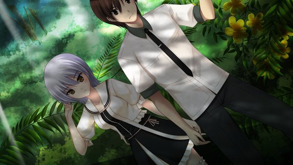 Anime picture 1024x576 with jesus 13th short hair black hair wide image brown eyes game cg silver hair couple girl boy uniform flower (flowers) school uniform