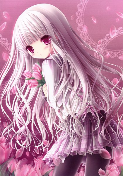 Anime picture 2463x3516 with love kano tinker bell single long hair tall image blush highres red eyes absurdres white hair scan official art loli girl skirt uniform flower (flowers) miniskirt shirt serafuku