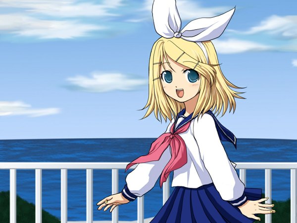 Anime picture 1024x768 with vocaloid kagamine rin short hair blue eyes blonde hair smile green eyes aqua eyes seaside girl uniform school uniform serafuku railing