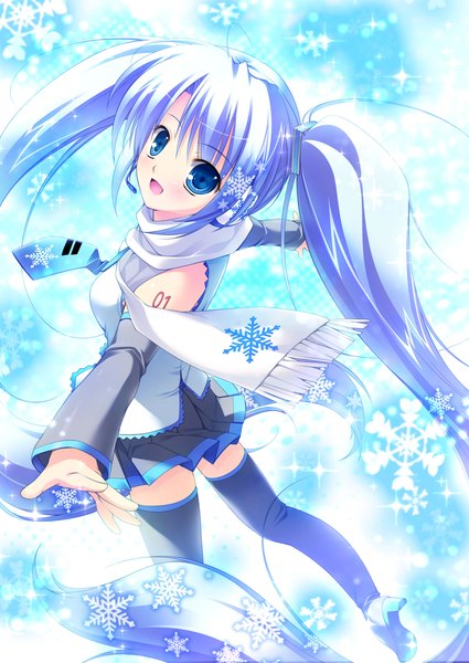 Anime picture 1628x2300 with vocaloid hatsune miku yuki miku yuki miku (2011) mikeou single long hair tall image blush open mouth blue eyes twintails blue hair very long hair looking back spread arms girl thighhighs detached sleeves miniskirt