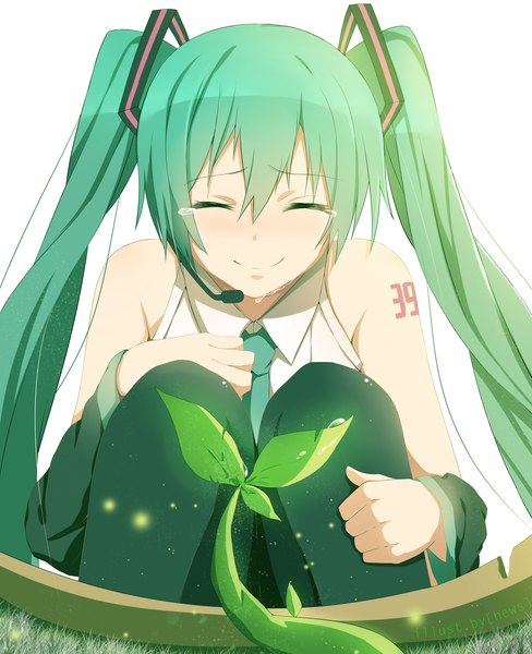 Anime picture 3500x4300 with vocaloid hatsune miku hews tall image blush highres simple background white background twintails absurdres eyes closed very long hair aqua hair tears 39 girl plant (plants) detached sleeves headphones