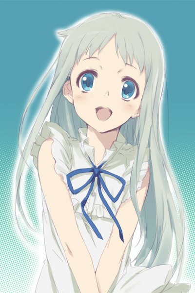 Anime picture 600x900 with ano hi mita hana no namae wo bokutachi wa mada shiranai a-1 pictures honma meiko kawata hisashi single long hair tall image looking at viewer blush fringe open mouth blue eyes :d grey hair sleeveless girl dress frills sundress