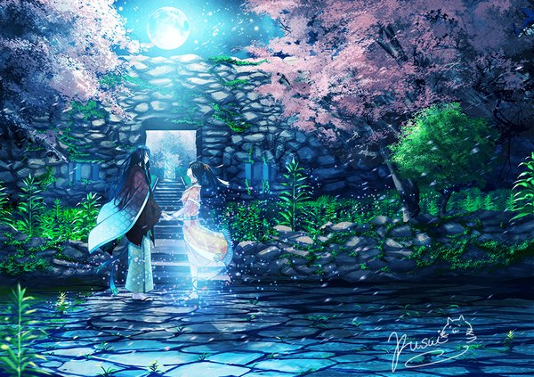 Anime picture 1000x705 with original fusui long hair fringe breasts standing signed bent knee (knees) ponytail traditional clothes japanese clothes profile wind night wide sleeves night sky cherry blossoms holding hands leg lift (legs lift) face to face