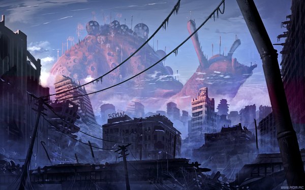 Anime picture 1920x1200 with original alexiuss highres sky cloud (clouds) sunlight city no people ruins destruction post-apocalyptic power lines