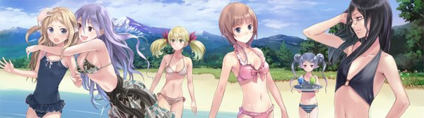 Anime picture 2560x720 with atelier (series) atelier rorona gust (company) rororina fryxell lionela heinze hom astrid zexis cordelia von feuerbach pamela ibis kishida mel long hair highres open mouth blue eyes light erotic black hair blonde hair smile brown hair wide image