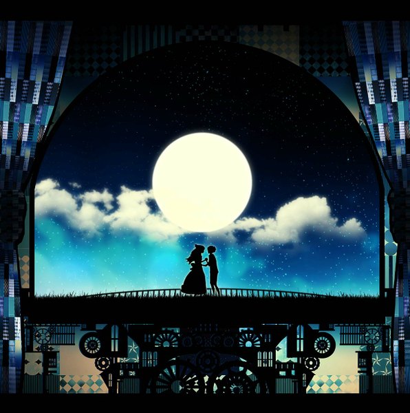 Anime picture 1234x1243 with omoide no marnie studio ghibli marnie anna (omoide no marnie) harada miyuki long hair tall image short hair standing multiple girls cloud (clouds) bent knee (knees) profile night night sky holding hands face to face silhouette girl dress